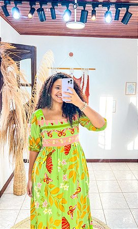 VESTIDO ANA - MANGA PRINCESA - LONGO- FLOR DE OUTONO- VERDE - VISCOLINHO