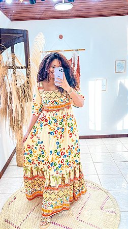 VESTIDO ANA - MANGA PRINCESA - LONGO- FLOR DE OUTONO- AMARELO- VISCOLINHO