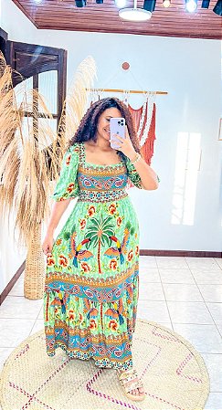 VESTIDO ANA - MANGA PRINCESA - LONGO- FLOR DE OUTONO- VERDE - VISCOLINHO