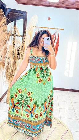 VESTIDO ANY - ALÇA- MÍDI- FLOR DE OUTONO- VERDE - VISCOLINHO