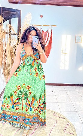 VESTIDO ANA - ALÇA- LONGO- FLOR DE OUTONO- VERDE - VISCOLINHO