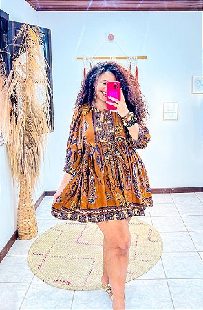 VESTIDO LORENA- CURTO -SOL -MARROM- VISCOSE PRÉ LAVADO