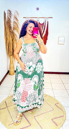 VESTIDO PRINCESA-  ALÇA  - SOL -VERDE -VISCOSE PRÉ LAVADO ,GRAMADURA -230