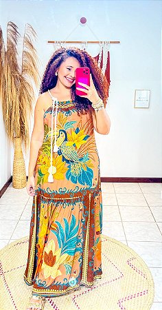 VESTIDO CORDINHA-  ALÇA  - SOL -MARROM -VISCOSE PRÉ LAVADO ,GRAMADURA -230