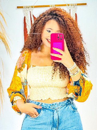 CROPPED LASTEX - FLOR DE OUTONO-AMARELO - VISCOSE PRÉ LAVADO
