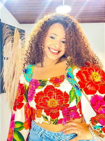 CROPPED LASTEX - FLOR -COLORIDO- VISCOSE PRÉ LAVADO