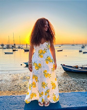 VESTIDO VALENTINA - M-ALÇA- LIMÃO /AZULEJO - VERÃO EUROPEU - AMARELO -LINHO