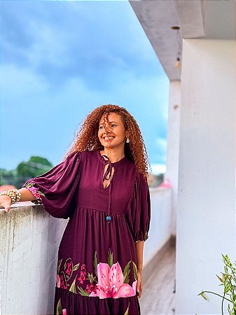 VESTIDO LORENA- BRASILIDADE -VINHO -VISCOSE PRÉ LAVADO
