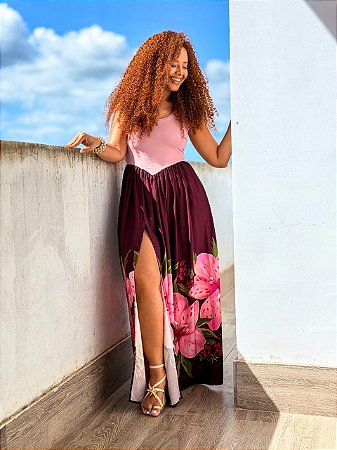 VESTIDO FLORECER - BRASILIDADE -VINHO -VISCOSE PRÉ LAVADO