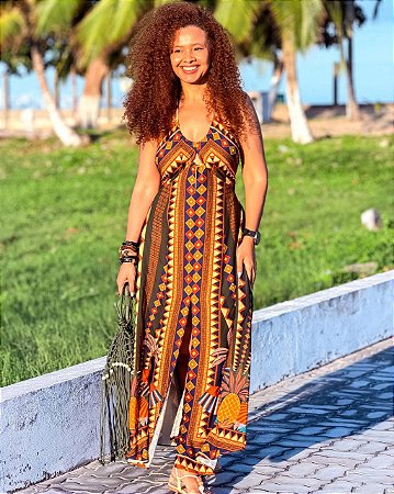 VESTIDO LIANA - PÔR DO SOL -MARROM COM DETALHES -VISCOSE PRÉ LAVADO