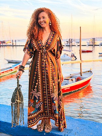 VESTIDO MORCEGO - PÔR DO SOL -MARROM COM DETALHES -VISCOSE PRÉ LAVADO