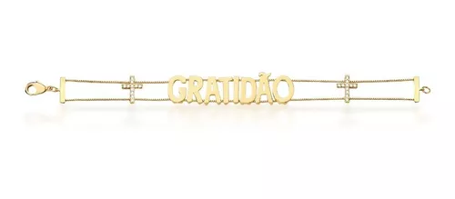 Pulseira com escrita Gratidão e Cruz Branca Banhada a Ouro