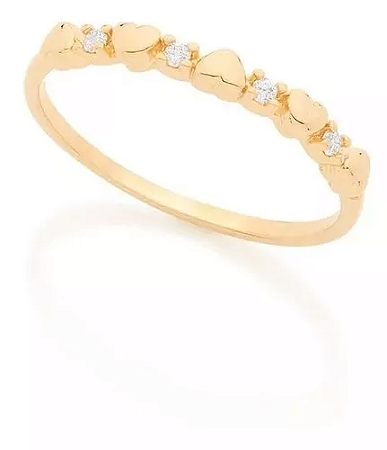 Anel Folheado a Ouro com Zircônias Intercaladas por corações