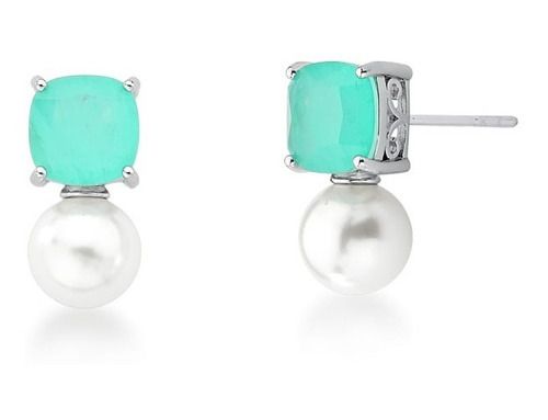 Brinco Quadrado Com Pérola Shell Cristal Banhado A Ródio