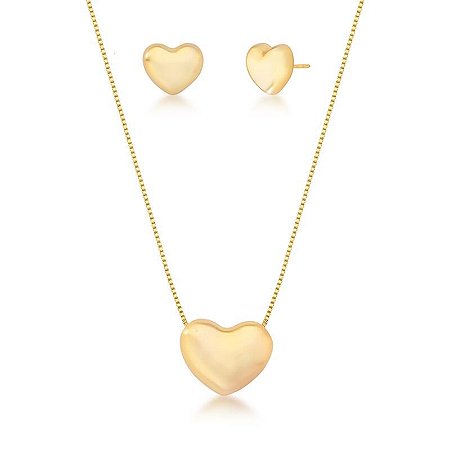 CONJUNTO DE BRINCO E COLAR DE CORAÇÃO ACETINADO LISO