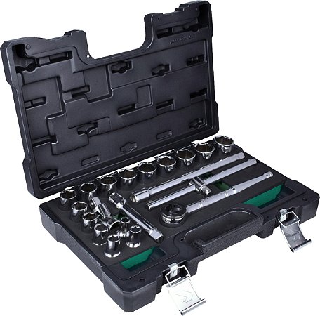 Jogo de soquetes sextavados e acessórios, encaixe de 1/2", 20 peças, 3/8" a 1.1/4", 205906BJ, BELZER