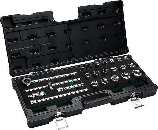 Jogo de soquetes sextavados e acessórios, encaixe de 1/2", 10,0 mm a 32,0 mm, com 23 peças, 205406BJ, BELZER