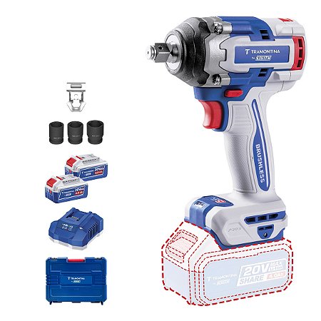 Chave de Impacto 1/2" (12,7 mm) 20V 500 N.m Brushless Tramontina by TOTAL - Com 2 baterias 20V de 4,0Ah, Carregador e Maleta
