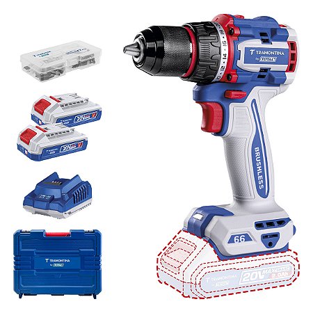 Parafusadeira/Furadeira 1/2" (13 mm) 20V 66 N.m Brushless Tramontina by TOTAL - Com 2 Baterias 20V de 2,0Ah, Carregador e Maleta