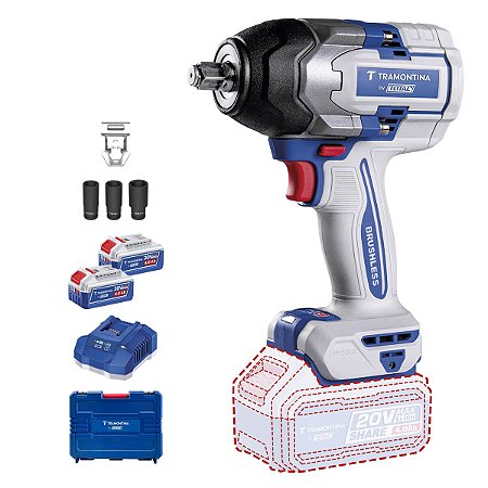 REF 42303208 Chave de Impacto 1/2" (12,7 mm) 20V 0-850 N.m Brushless Tramontina by TOTAL - Com 2 Baterias 20V de 4,0Ah, Carregador e Maleta