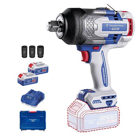 REF 42303913 Chave de Impacto 3/4" (19 mm) 20V 1350 N.m Brushless Tramontina by TOTAL - Com 2 Baterias 20V de 5,0Ah, Carregador e Maleta