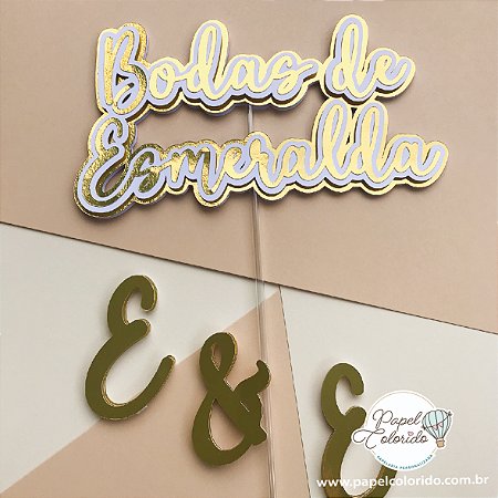 Topo de Bolo: Bodas de Esmeralda dourado (40 Anos de Casamento)