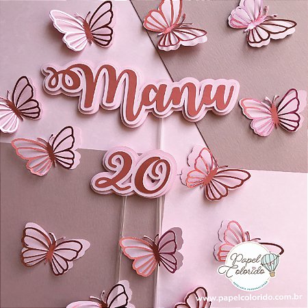 Topo de Bolo: Nome e Borboletas Rose Gold