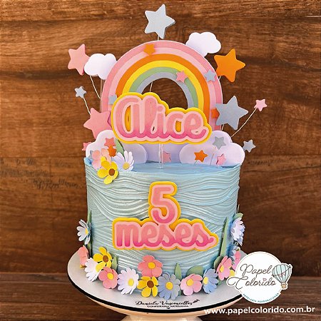 Topo de Bolo: Arco Iris, estrelas e flores