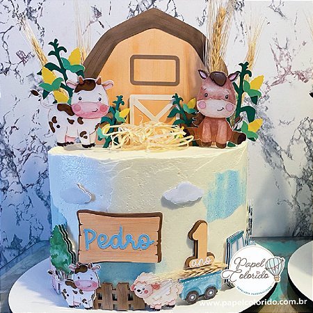Topo de Bolo: Fazendinha em camadas menino celeiro marrom
