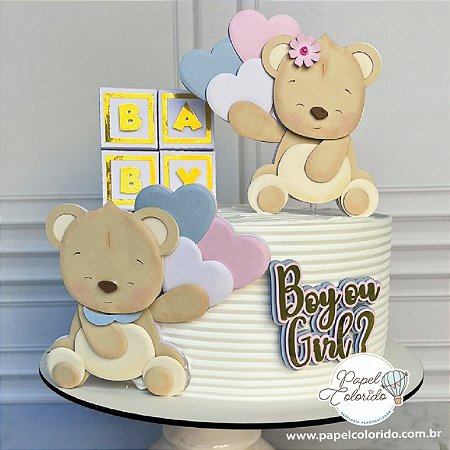 Topo de Bolo: Chá Revelação - Bebe Ursinho e cubos baby