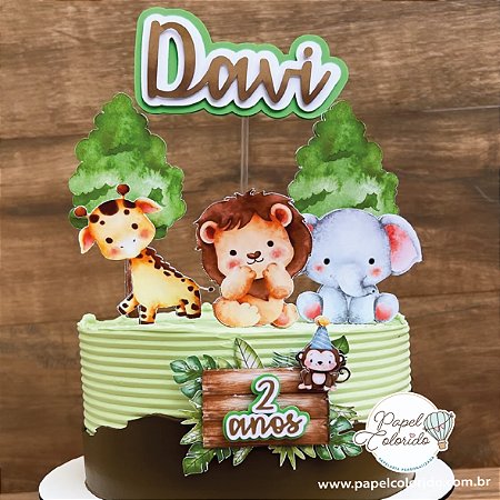 Topo de Bolo: Safari aquarelado marrom e verde