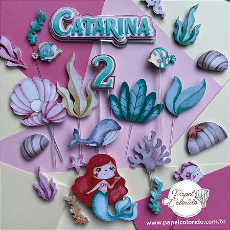 Topo de Bolo: Sereia cabelo vermelho aquarelada