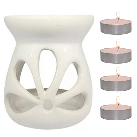 Difusor Rechaud Flor + 4 Mini Vela 100% Natural para Wax Melts E Óleos Essenciais Branco - Lidi Gurgel
