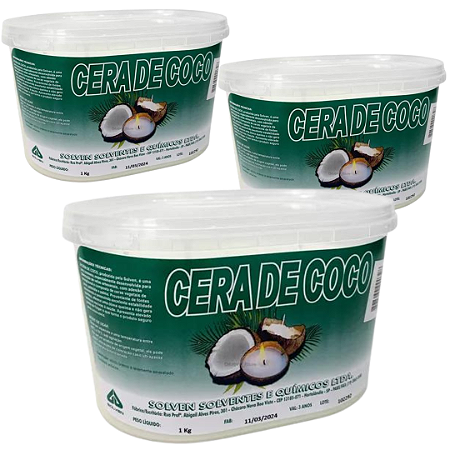 Kit com 3 Potes de 1Kg Cera De Coco Solven Original Para Fabricação de Velas 100% Vegetal