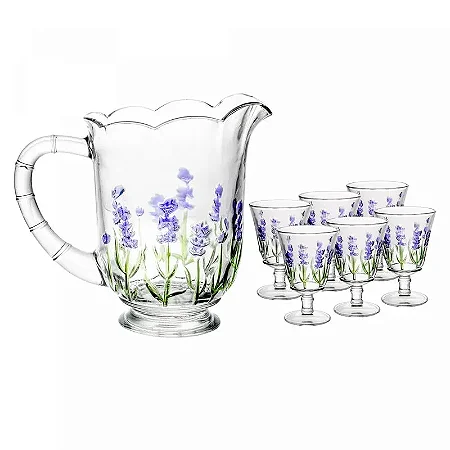 Conjunto Jarra com 6 Taças de Cristal Lavanda Hand Painting 1,3L/240ml - Lyor Original