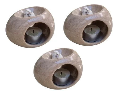 Kit 3 Difusor Rechaud Cerâmica Oval Óleos P/ Essenciais e Wax Melts Areia
