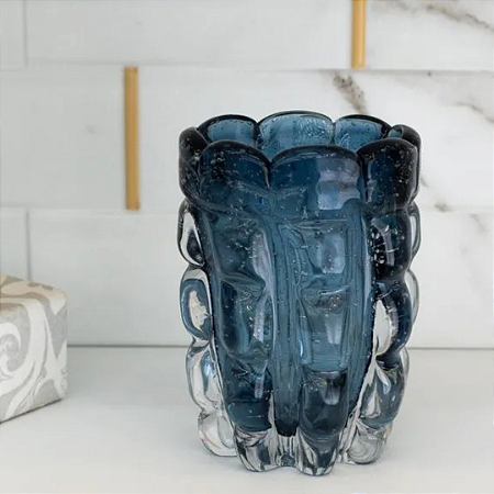 Vaso De Vidro Tipo Murano Italy Azul 13cmx10cm 4796 Lyor