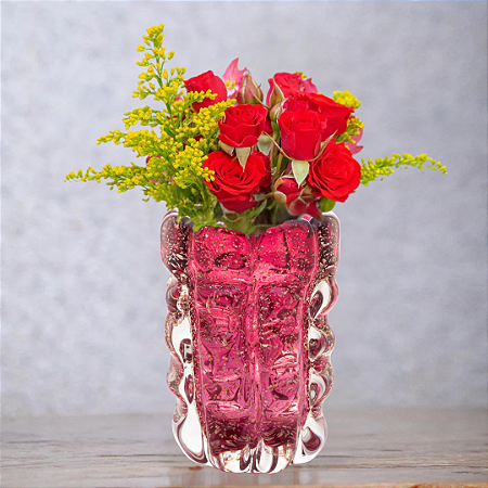 Vaso Vidro Italy Murano Rosa E Dourado 15cmx10cm 4805 - Lyor