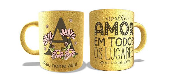 Caneca Cerâmica Dourada Personalizada Letra Nome Frases