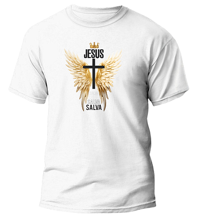 Camiseta Jesus Salva Cruz Asa Coroa Poliester Presente