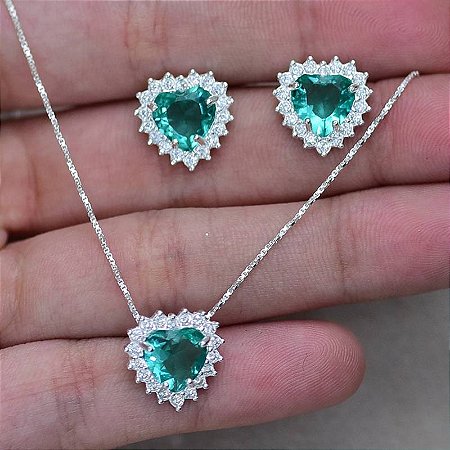 CONJUNTO CORAÇÃO PEDRA PARAÍBA ZIRCÔNIAS BRANCAS