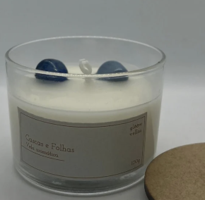 Vela aromática 100g  com pedras ametista azul cascas e folhas