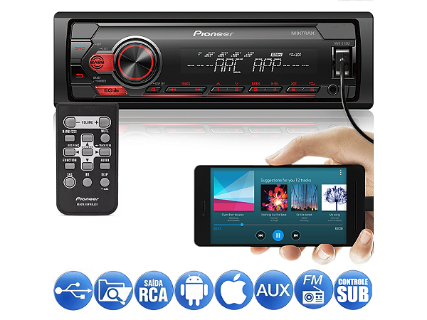 Media Receiver Pioneer MVH-S118UI 1DIN USB Android Iphone Spotify Mixtrax Pendrive MP3 Player Som Automotivo