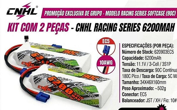 KIT 2 BATERIAS LIPO CNHL RACING SERIES 6200MAH 11.1V 3S 90C-EC5