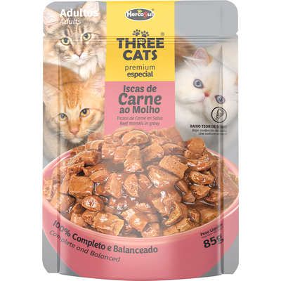 Ração Úmida Three Cats Sachê Premium Especial Iscas de Carne ao Molho Gatos Adultos 85g