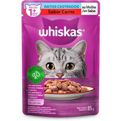 Ração Úmida Whiskas Sachê Carne ao Molho Gatos Adultos Castrados 85 g