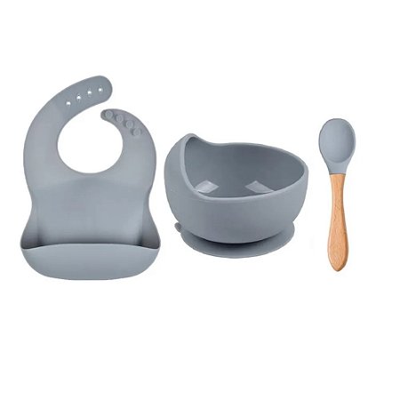 Kit de Introdução Alimentar Bebê 3 Peças: Bowl, Babador e Colher (Silicone/Bambu)