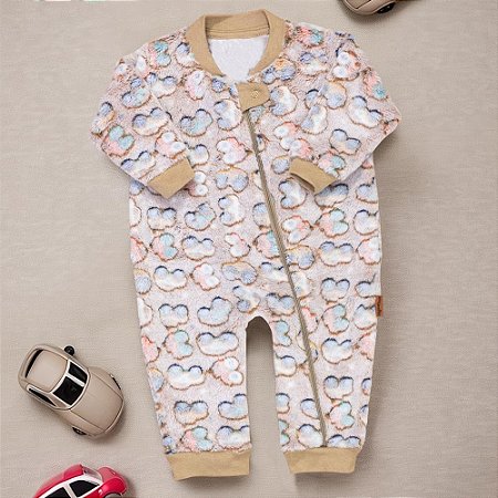 Macacão Bebê Pelúcia Fleece Estampado com Zíper