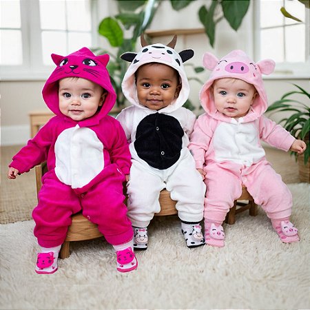 Macacão Longo de Plush com Capuz e Orelhinhas para Bebê