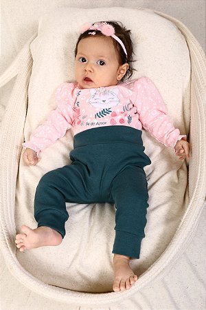 Conjunto Bebê Oncinha: Body Manga Longa e Calça